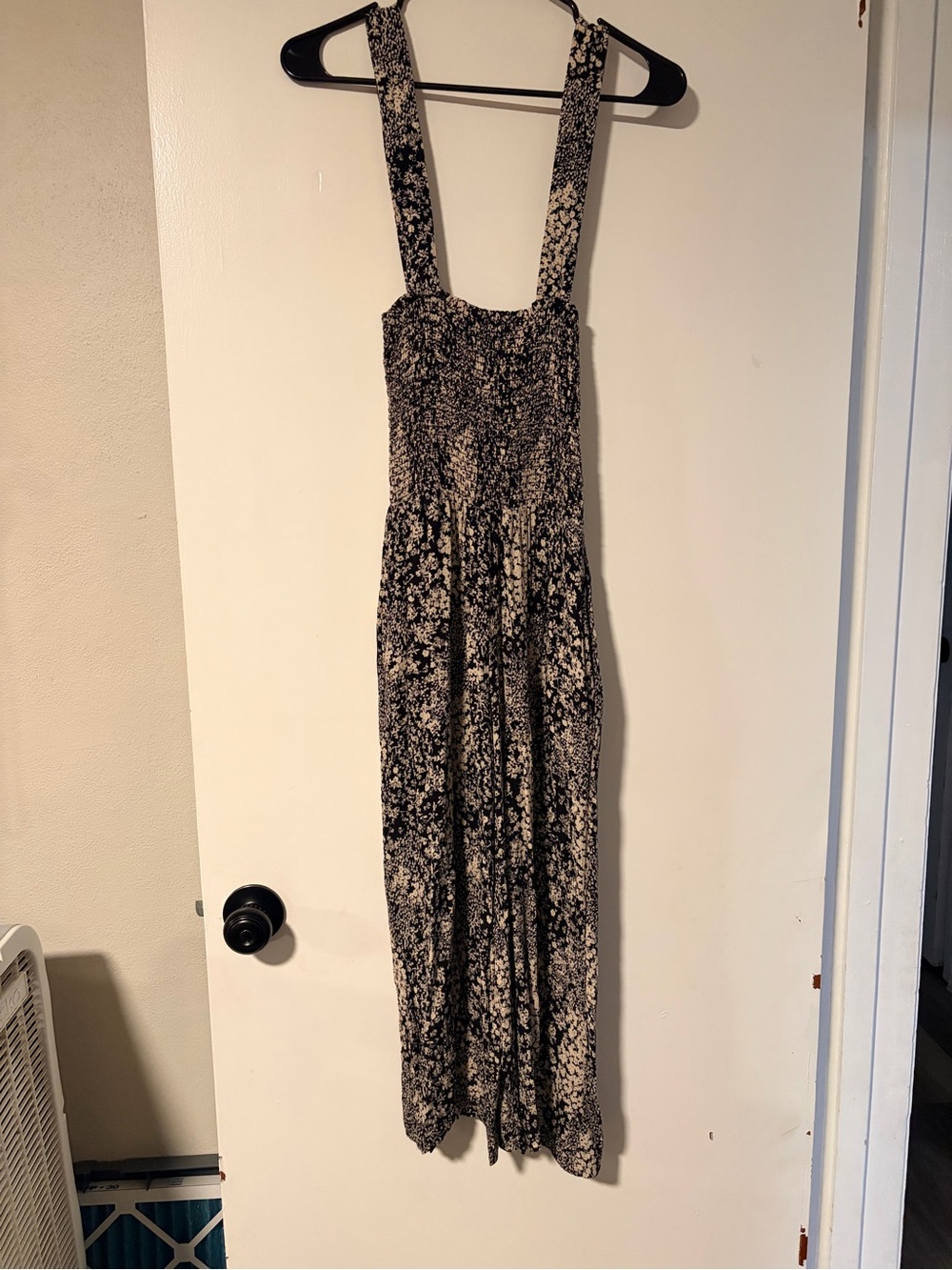 Floral Smocked Wide-Strap Jumpsuit in Black and Cream